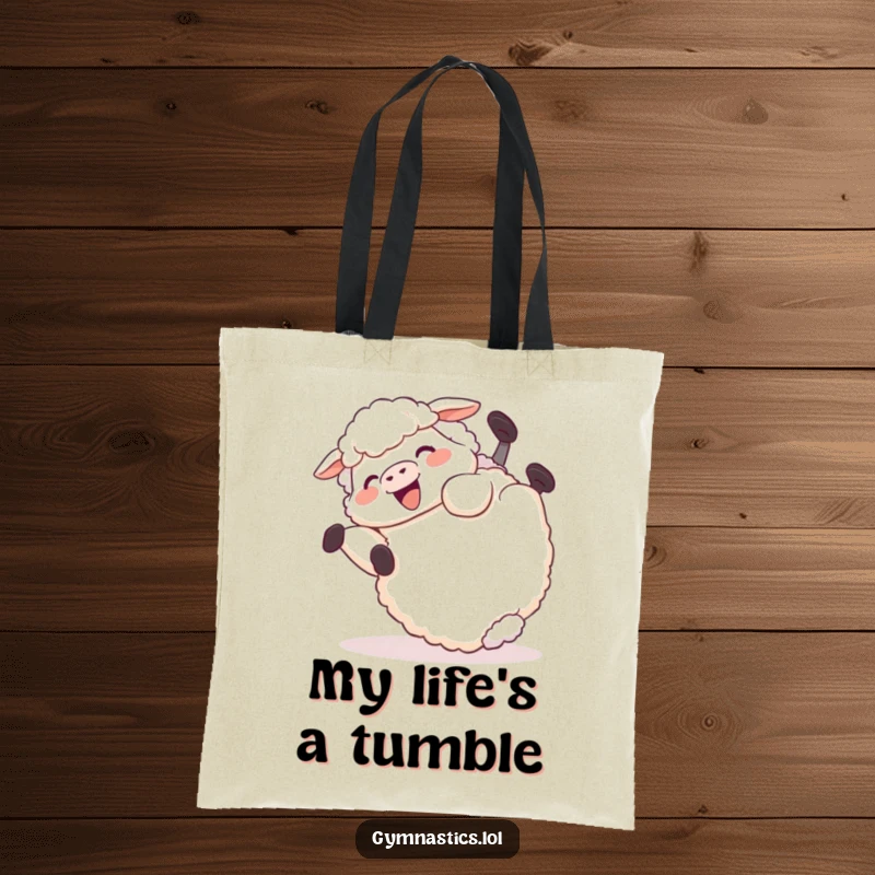 Funny Tote Bag: A giggling sheep rolls end over end in a hilarious tumble, perfect for carrying essentials with a smile.