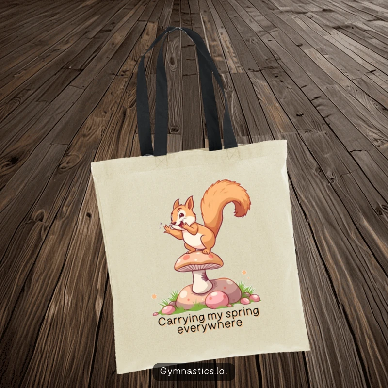 Funny tote bag showing a gleeful squirrel mid-somersault on a springy mushroom, perfect for carrying joy and necessities.