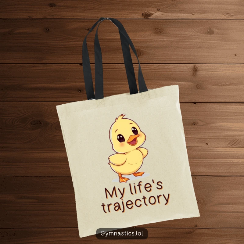 Funny wobbly duckling tumbling forward with a surprised expression on a reusable tote bag, a humorous accessory.