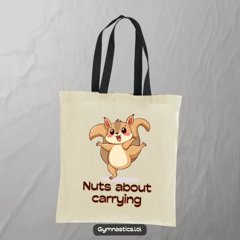 Funny tote bag showcasing a surprised squirrel doing a cartwheel with its tail twirling, a humorous and practical accessory.